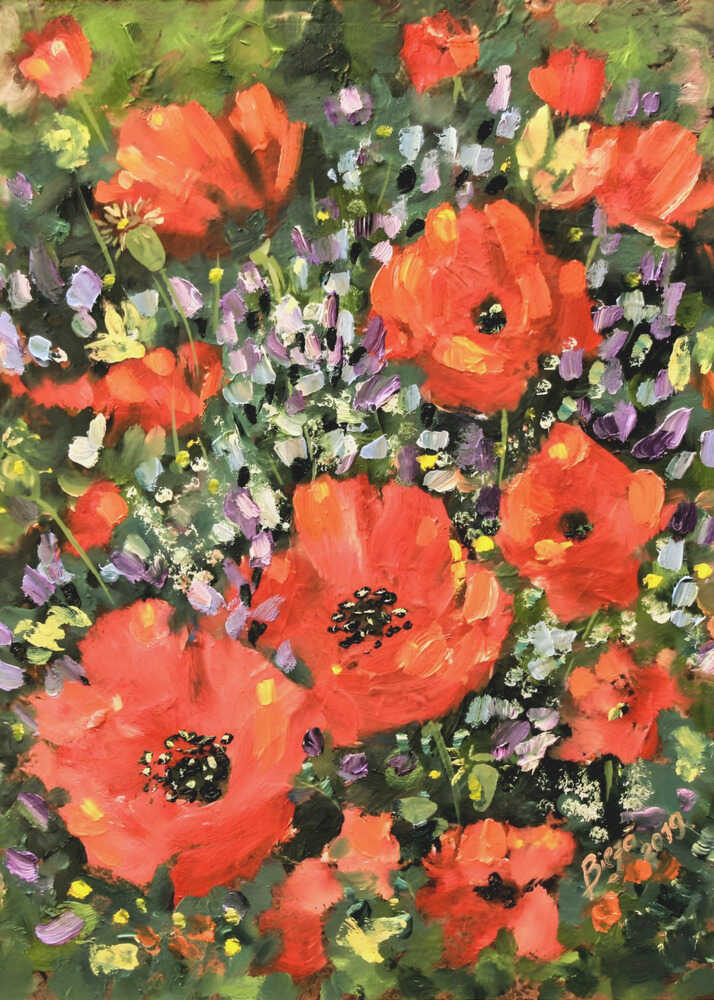 Impressionist red poppies painting poster with an impressionistic floral painting of red poppies and small purple flowers