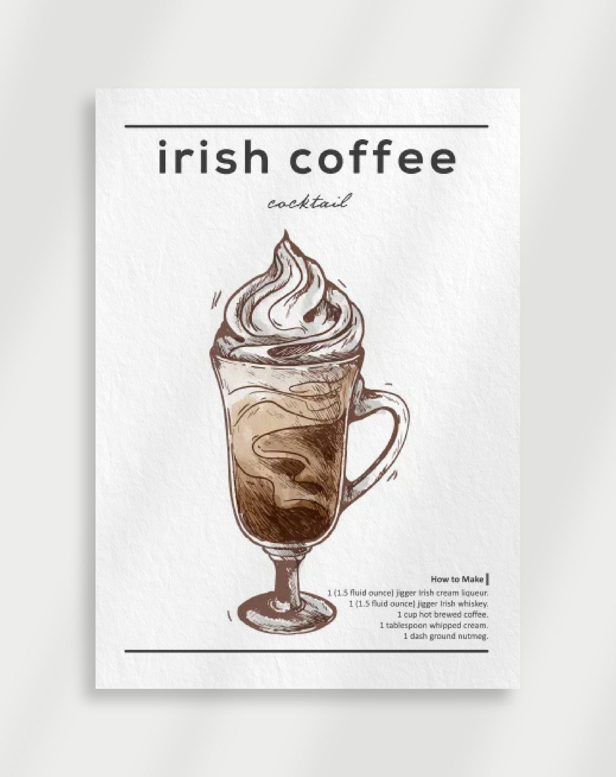 Irish coffee cocktail poster with a line drawing of an irish coffee in a glass mug with whipped cream