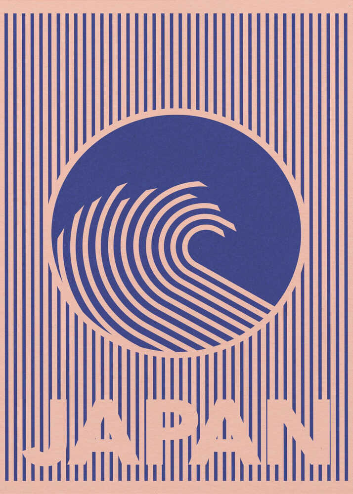 Japan wave poster with a stylized blue wave in a circle on a striped pink background labeled Japan