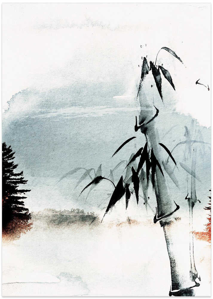 Japandi bamboo and pine poster with black ink bamboo and a pine silhouette