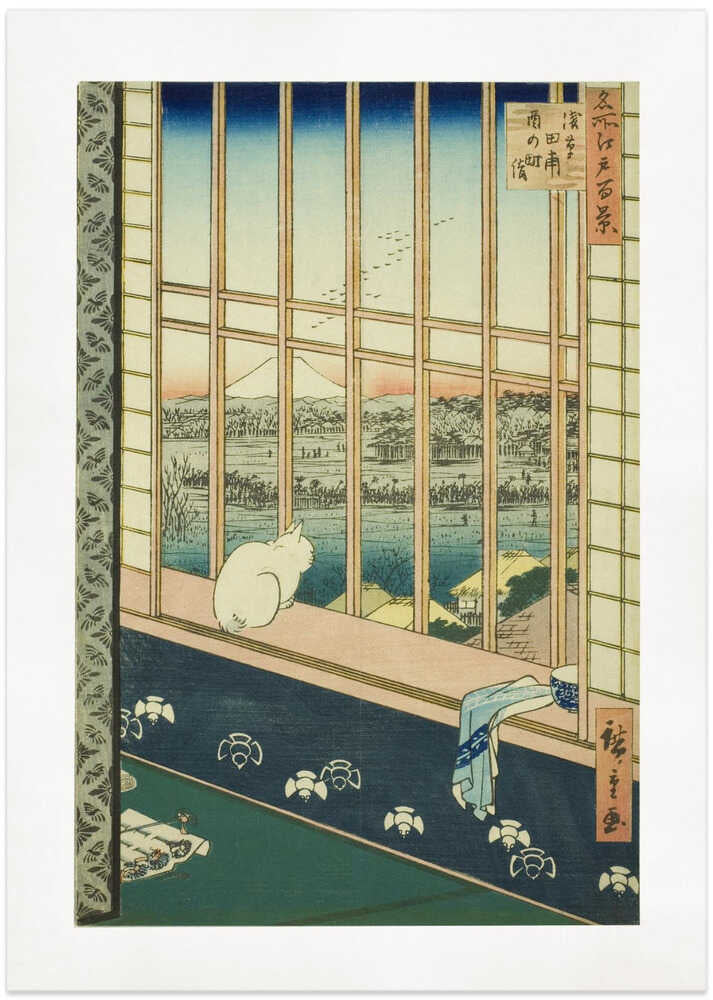 Japandi cat and Fuji poster with a white cat on a windowsill looking at Mount Fuji