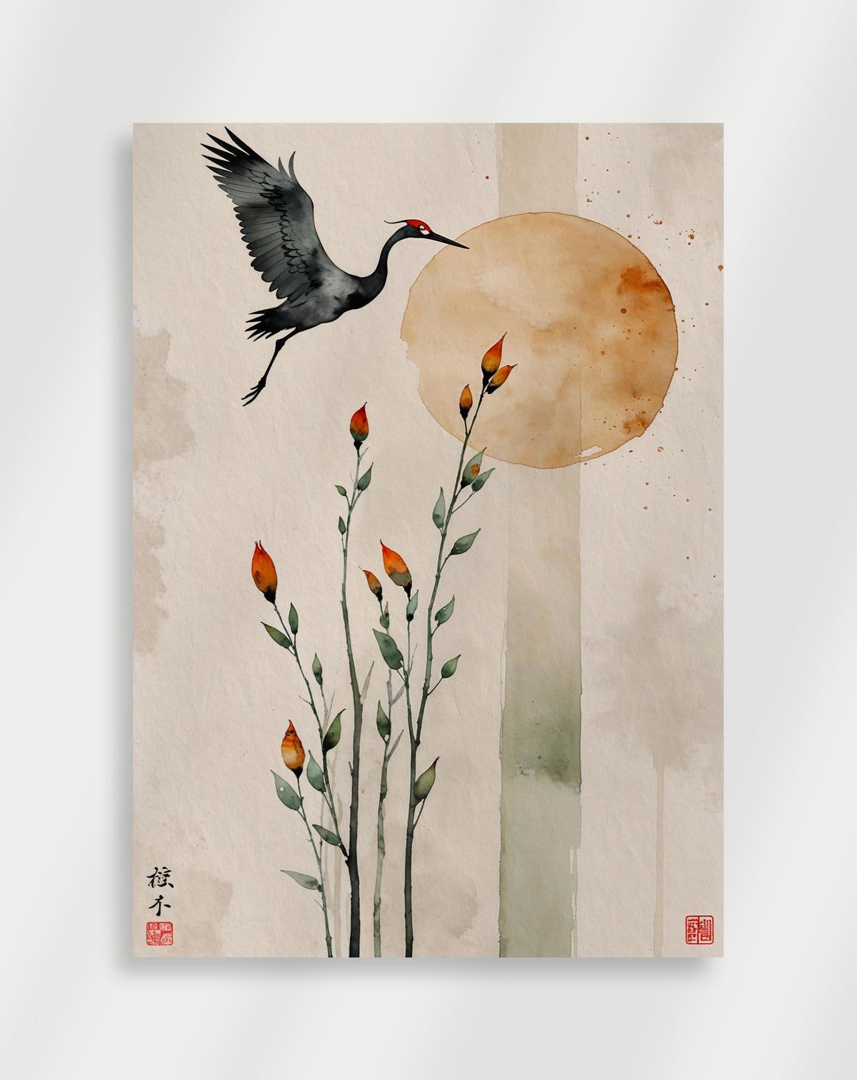 Japandi crane and sun poster with a black crane flying near a beige circle and orange buds
