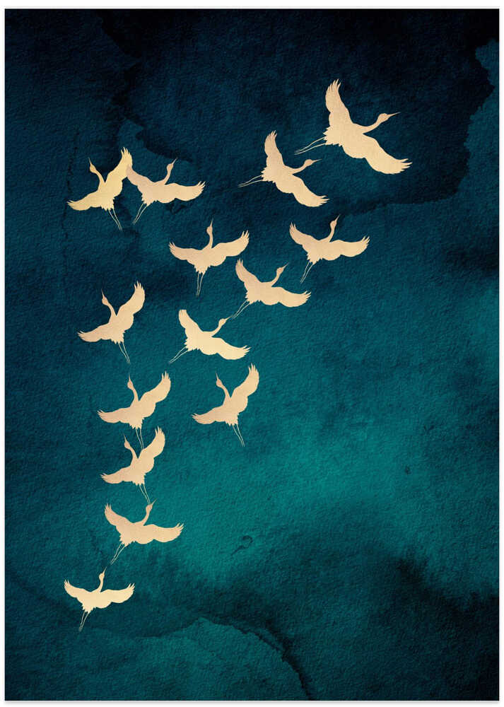 Japandi golden cranes poster with a flock of golden cranes on a deep teal ground