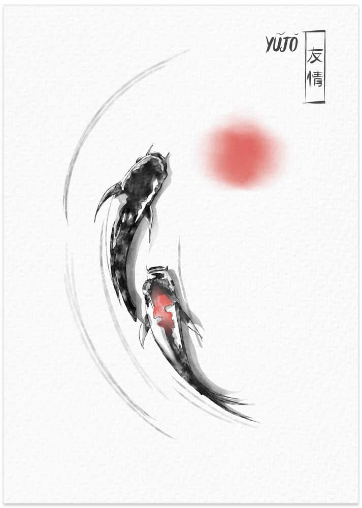 Japandi koi and sun poster with two ink koi and a soft red circle