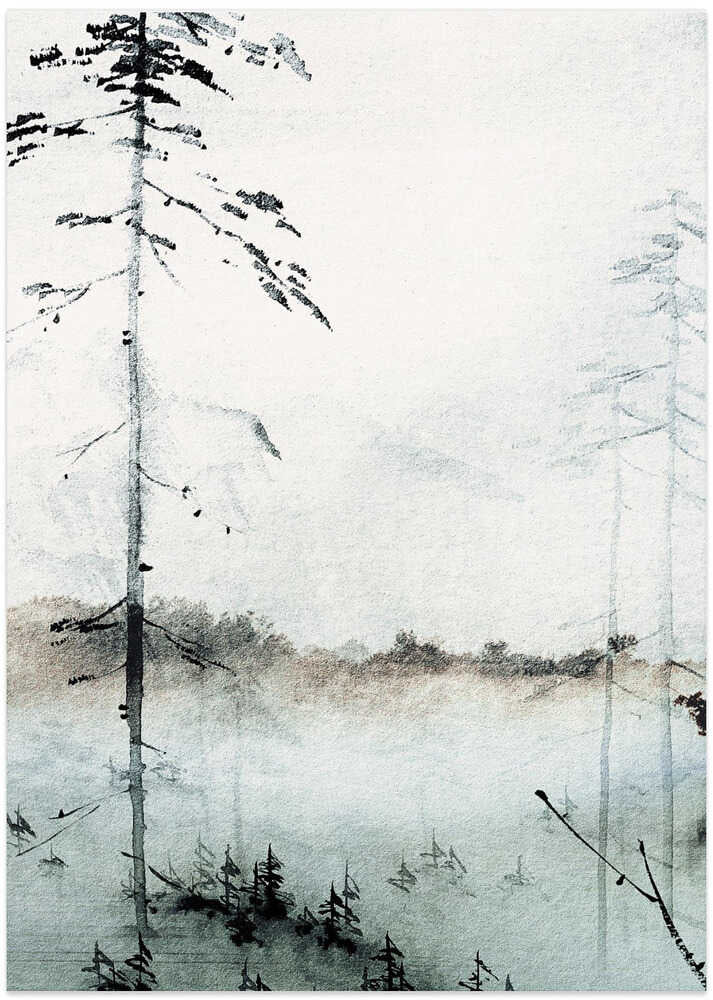 Japandi lone pine mist poster with a tall pine against a pale misty landscape