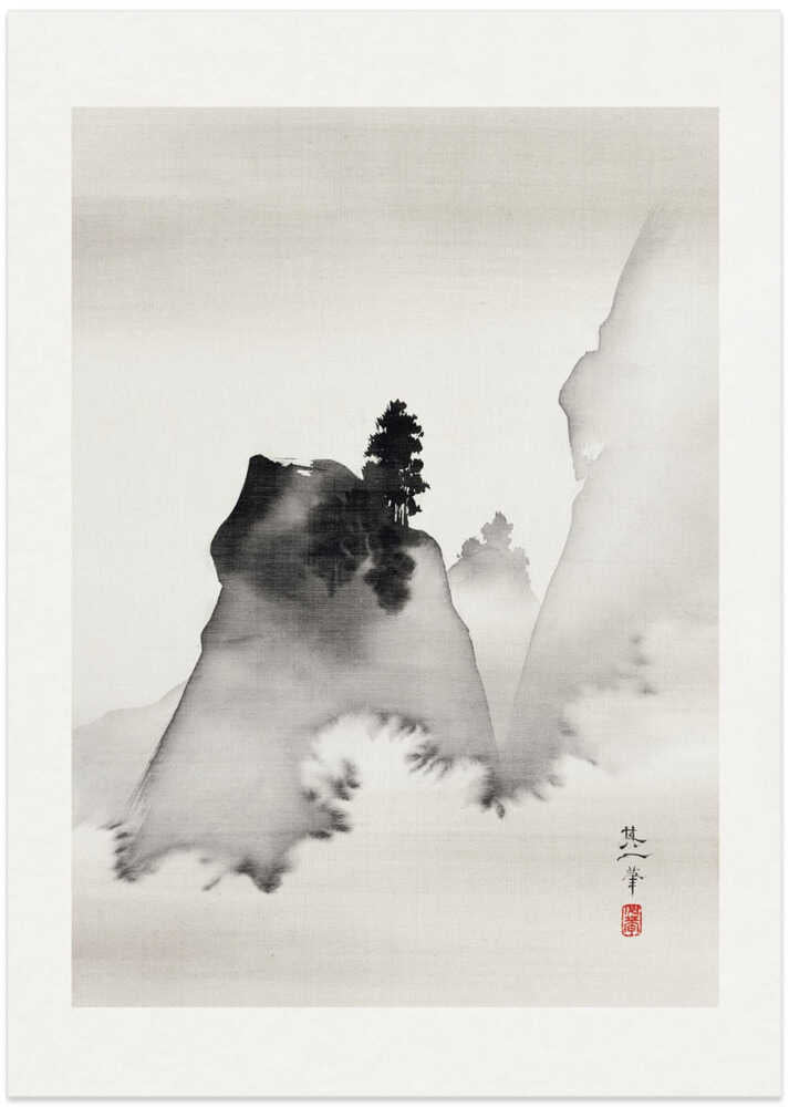 Japandi misty peak poster with a dark tree on a soft ink mountain