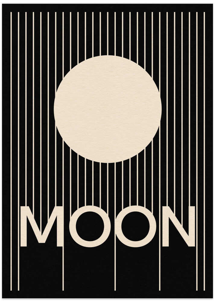 Japandi moon poster with a beige circle and the word MOON on black with vertical lines
