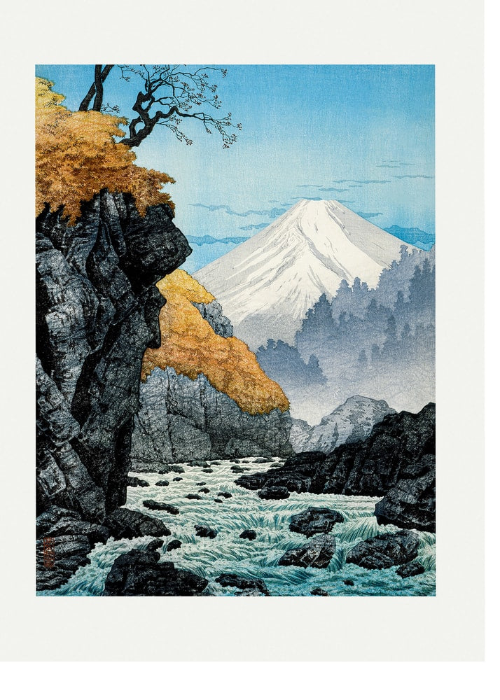 Japandi Mount Fuji poster with snow-capped peak, autumn cliffs and a river
