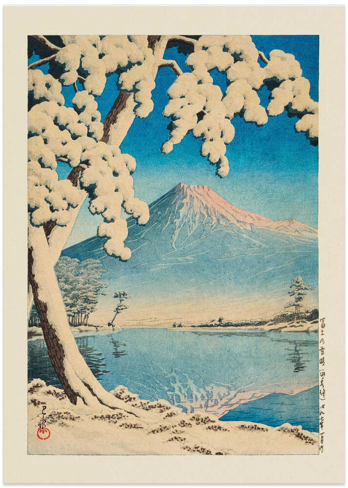 Japandi Mount Fuji poster with a snow-laden branch framing a pink peak and blue lake