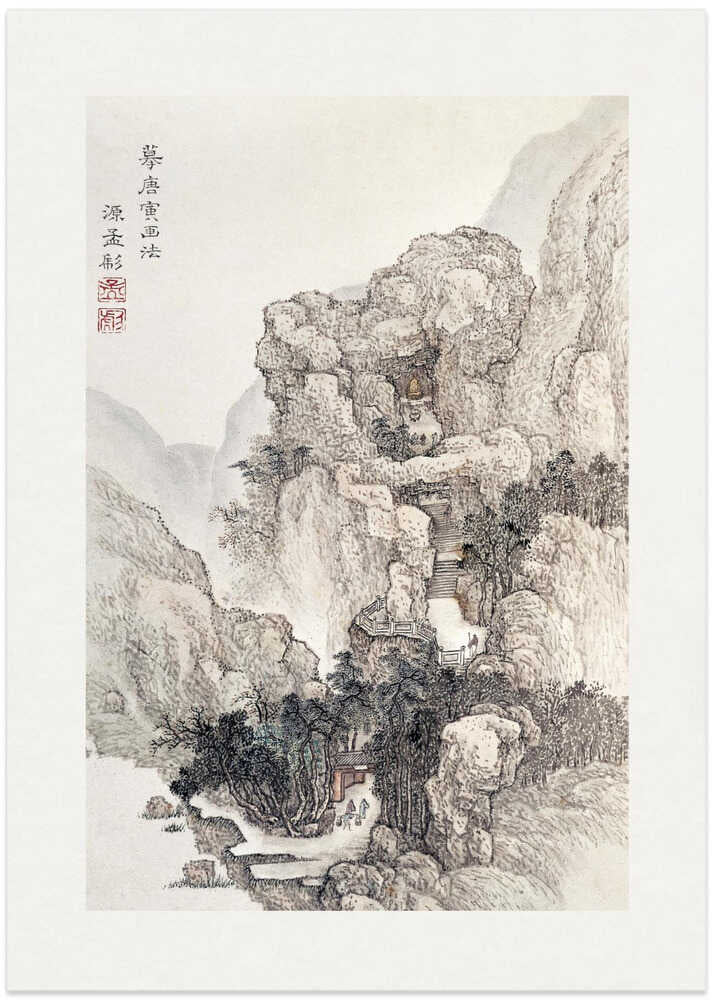 Japandi mountain temple poster with rocky peaks, stairs and a small pavilion