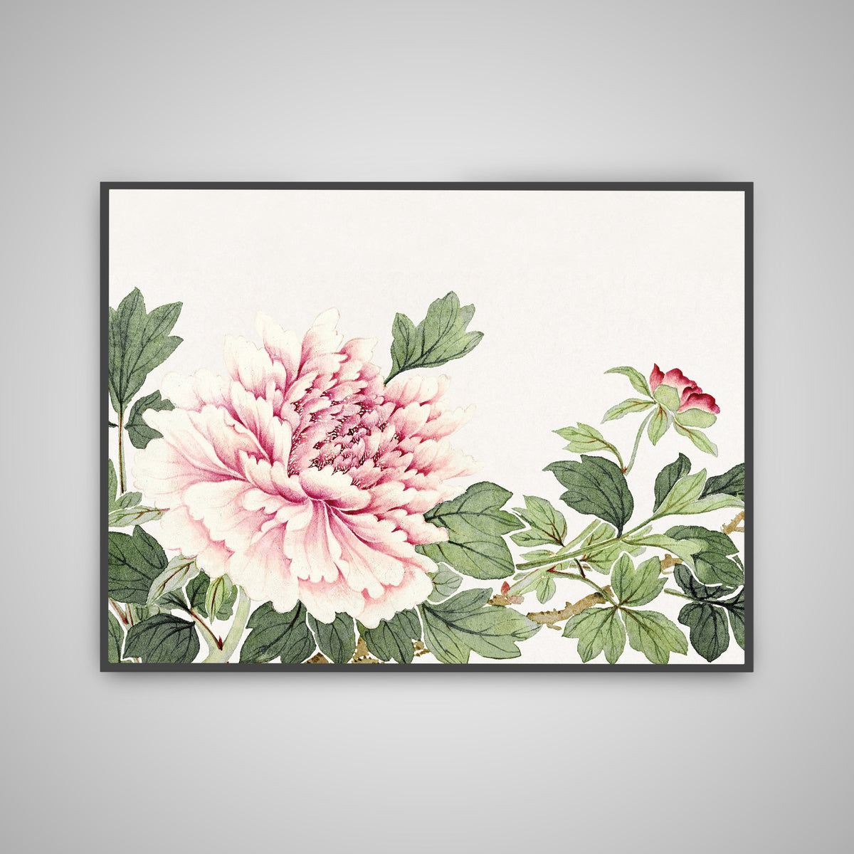 Japandi pink peony poster with a large pink peony and green leaves