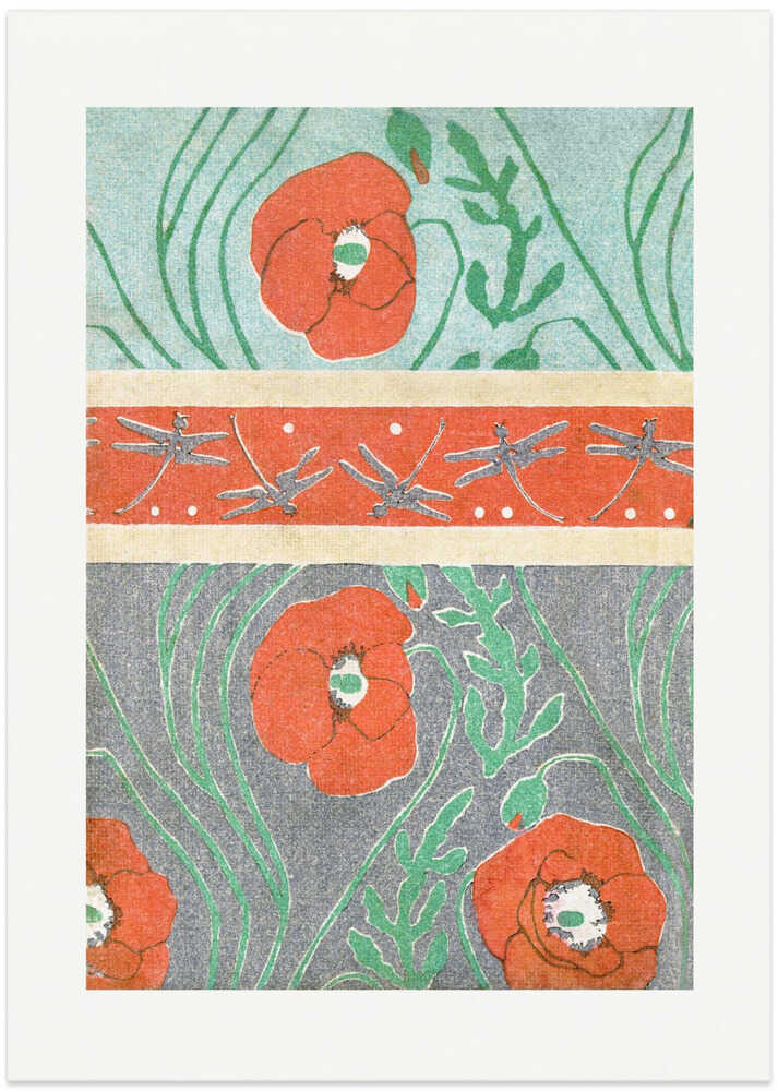 Japandi poppies and dragonflies poster with red poppies and a dragonfly band