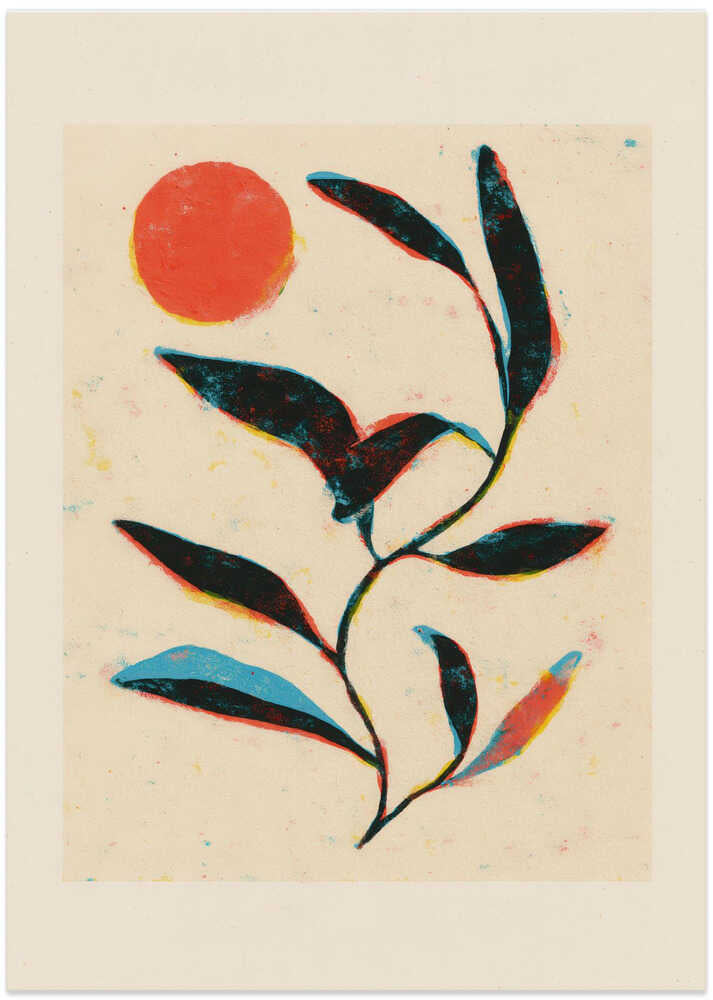 Japandi red sun leaves poster with a red circle and dark green botanical forms
