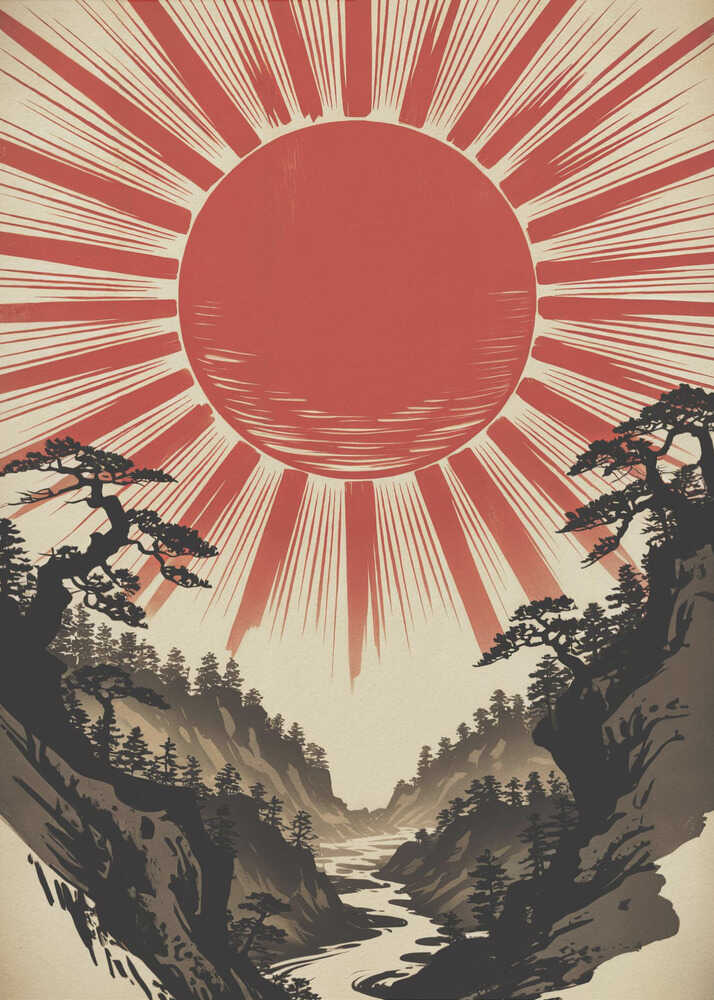 Japandi red sun poster with radiating rays over a river valley and pines