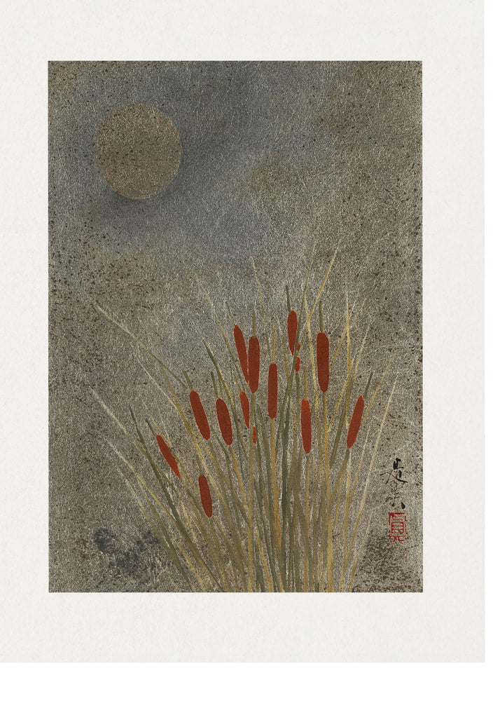Japandi reeds and moon poster with red cattails under a grey moon