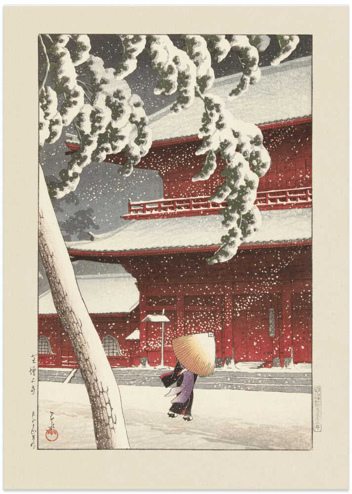 Japandi snowy temple poster with a red building, falling snow and a figure under an umbrella