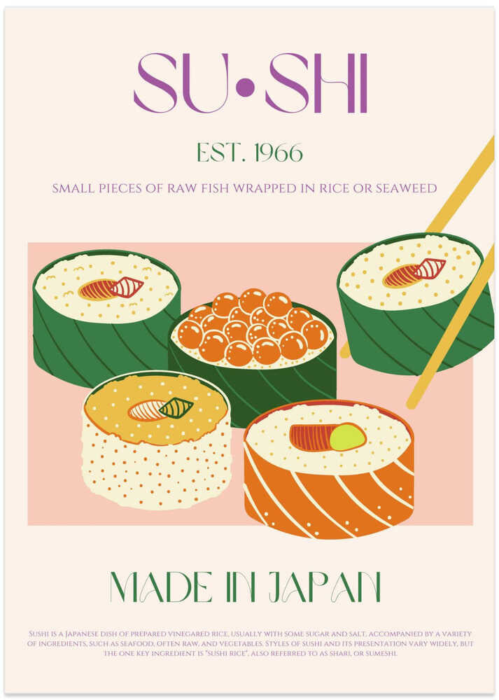 Japandi sushi poster with illustrated rolls, chopsticks and Made in Japan text
