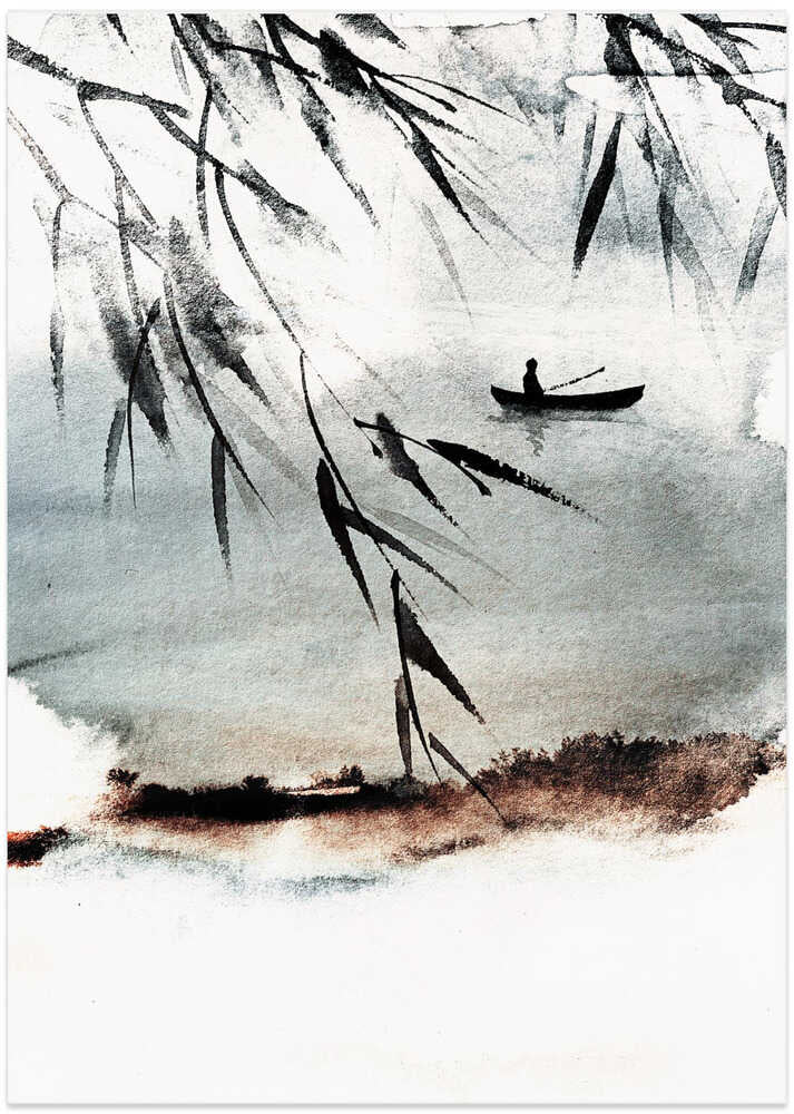 Japandi willow boat poster with hanging leaves framing a small boat on misty water