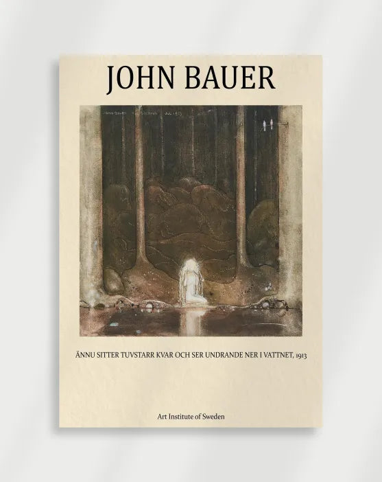 John Bauer Annu sitter Tuvstarr kvar poster with a John Bauer illustration of a dark forest with tall trees and a glowing light in the water