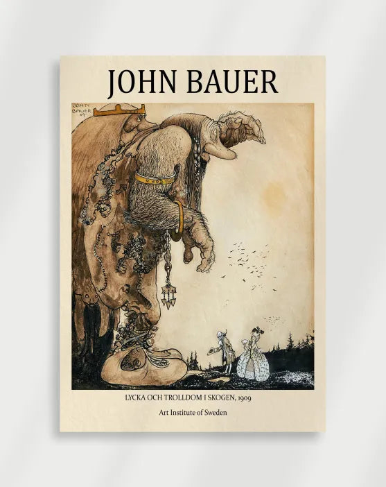 John Bauer Lycka och trolldom i skogen poster with a John Bauer illustration of a large troll figure and two small people