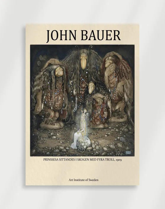 John Bauer prinsessa i skogen med fyra troll poster with a John Bauer illustration of a princess sitting among four trolls in a forest