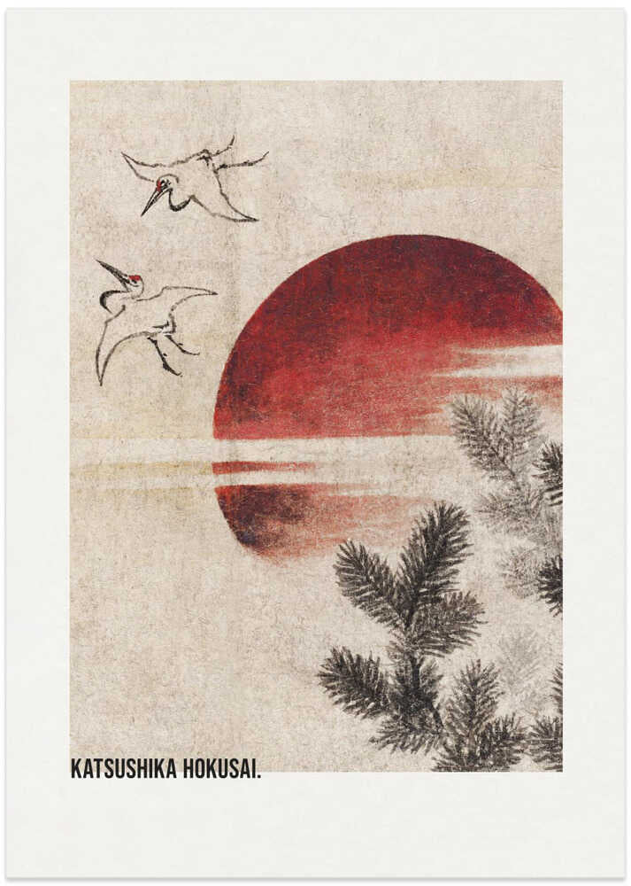 Katsushika Hokusai cranes and sun poster with two cranes, a red sun and pine branches