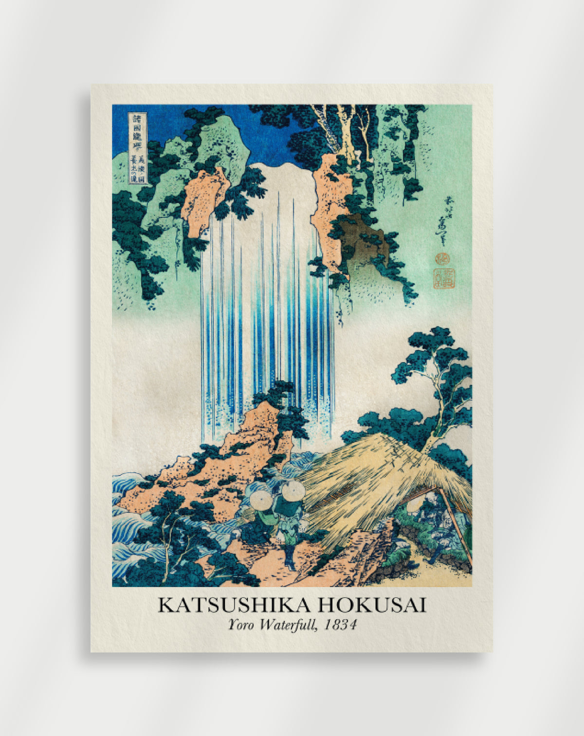 Katsushika Hokusai Yoro Waterfall poster, 1834, with a waterfall, cliffs and figures