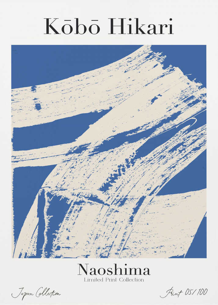 Kobo Hikari Naoshima poster with white brushstrokes on deep blue