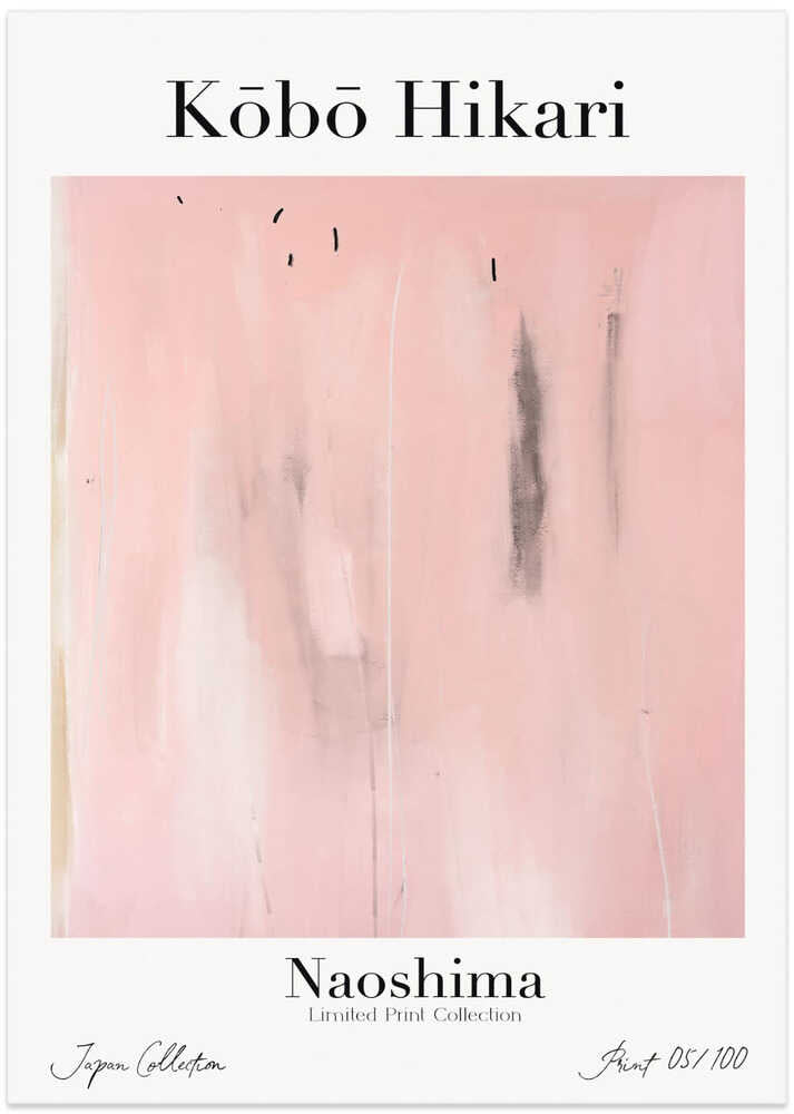 Kobo Hikari Naoshima poster with soft pink brush marks and subtle drips on pale