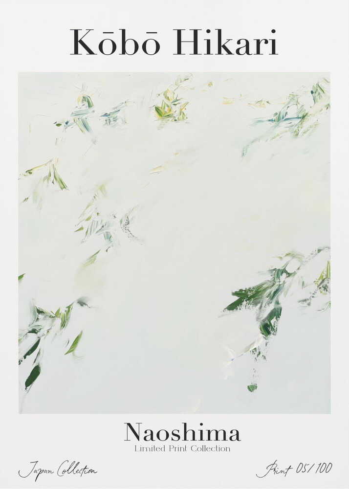 Kobo Hikari Naoshima poster with pale green brush marks on white