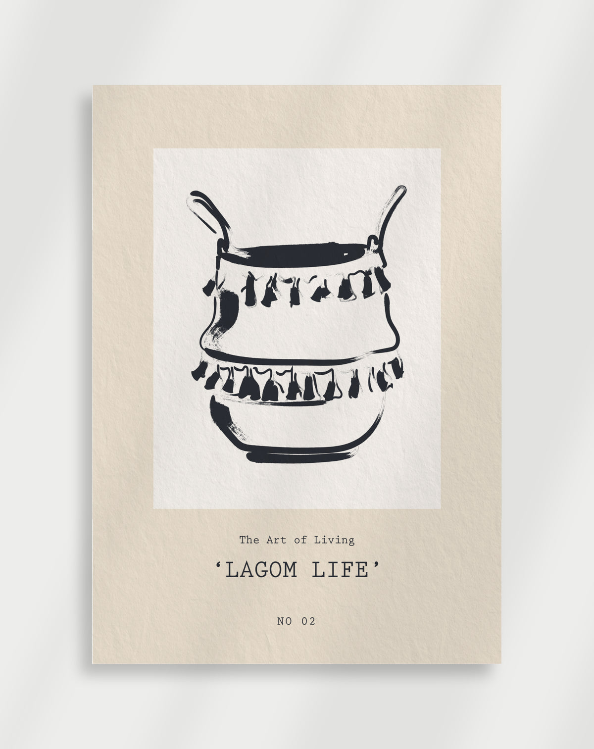 Lagom life pot poster with a black line drawing of a decorative pot with tassels labeled Lagom Life