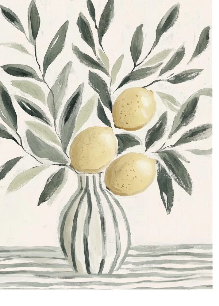 Lemons striped vase still life poster with a painterly still life of yellow lemons and green leaves in a black and white striped vase