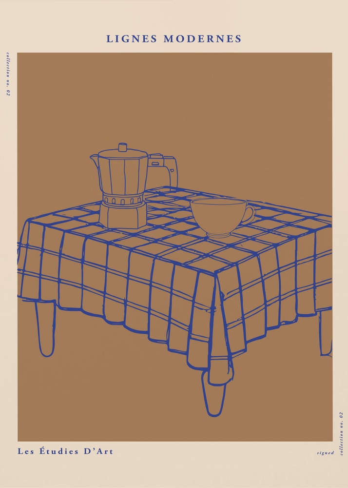 Lignes Modernes poster with a blue line drawing of a table, moka pot and cup on brown