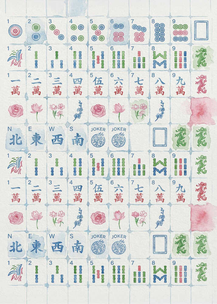 Mahjong tiles poster with numbered tiles, flowers, winds and dragons