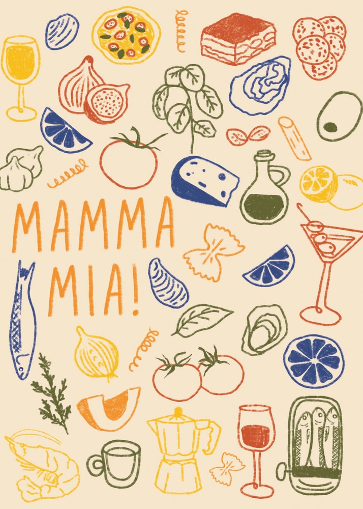 Mamma Mia poster with colorful hand-drawn Italian food illustrations and the text Mamma Mia