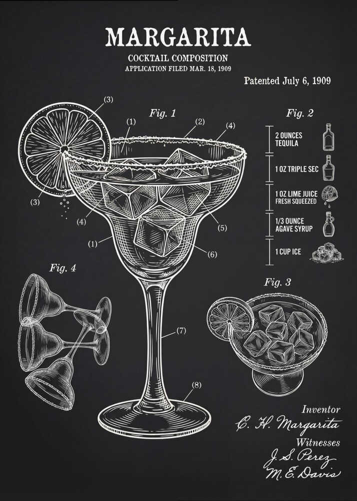 Margarita patent poster with a black and white vintage patent illustration of a Margarita cocktail with labeled diagrams and ingredients