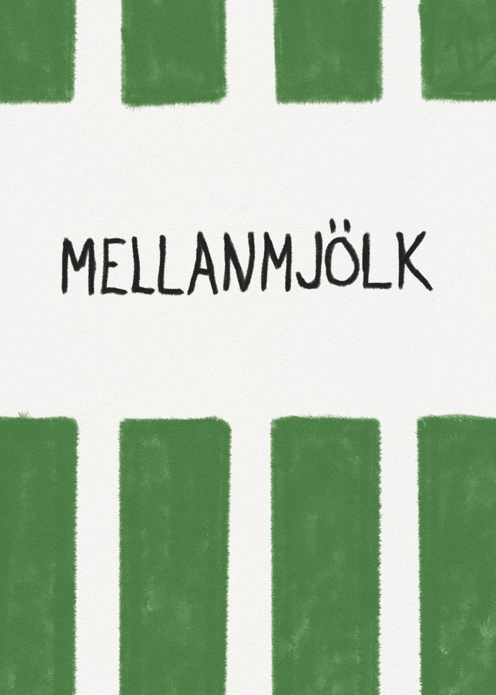 Mellanmjolk typography poster with a minimalist graphic of green rectangles and the word Mellanmjölk in black letters