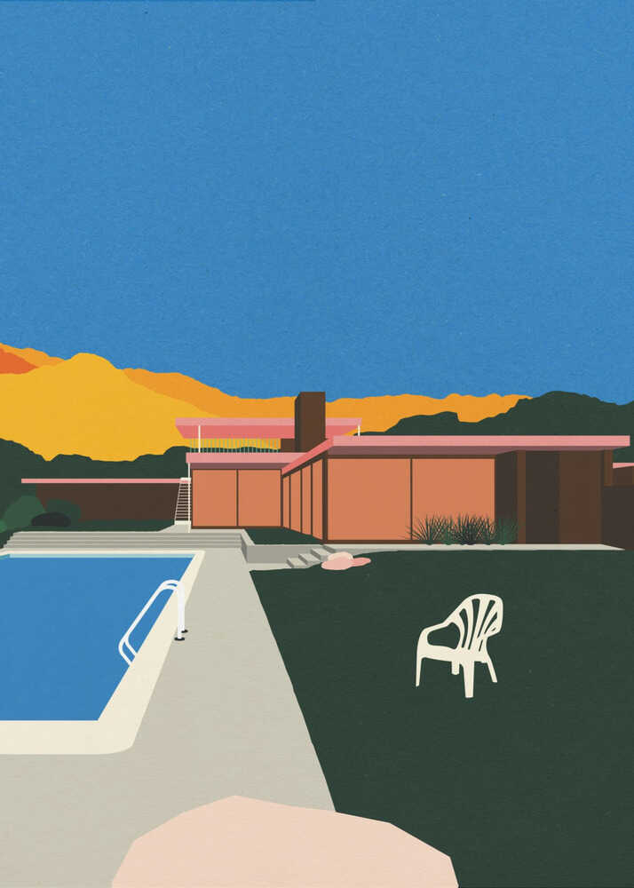 Midcentury house pool poster with a graphic illustration of a mid-century modern house with a swimming pool and white chair