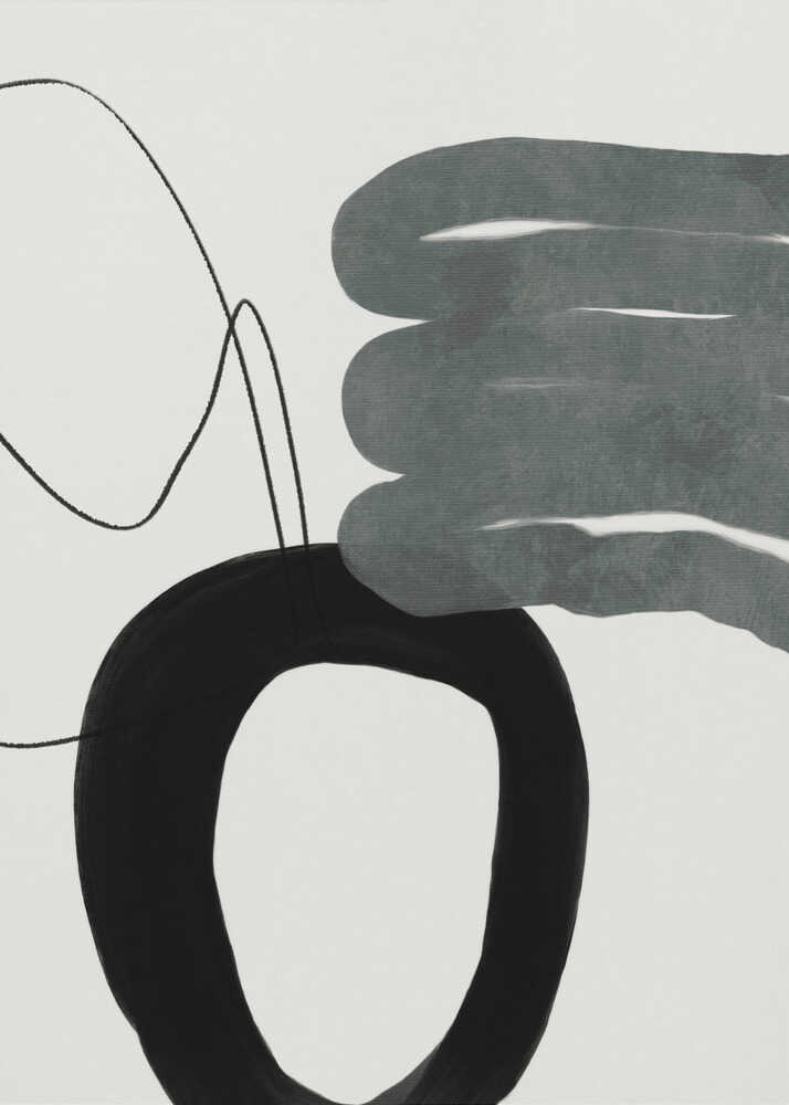 Minimalist abstract black ring poster with a minimalist abstract composition of a bold black ring and gray wavy brushstrokes