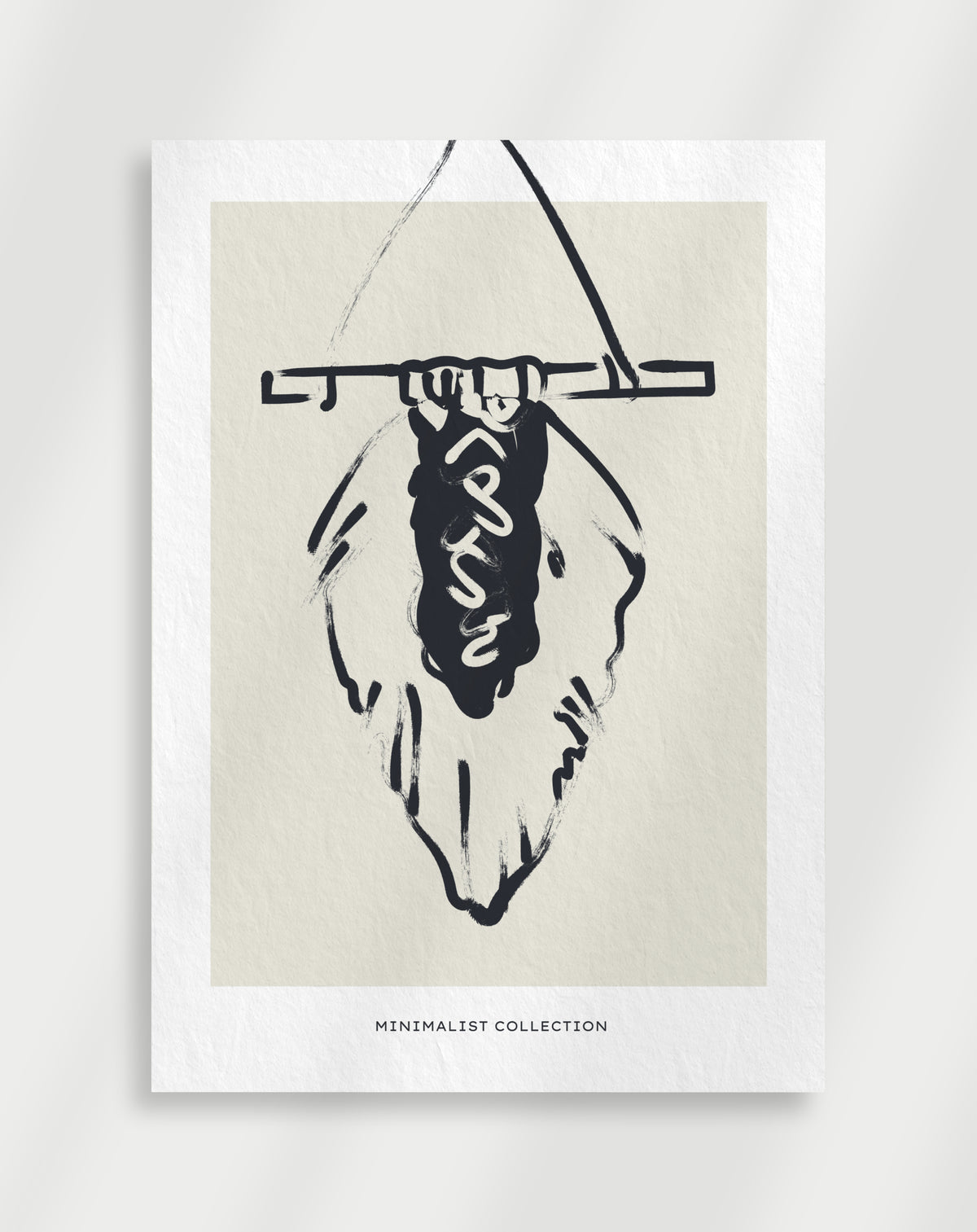 Minimalist abstract drawing poster with a black abstract drawing of a hanging form with wavy lines labeled Minimalist Collection