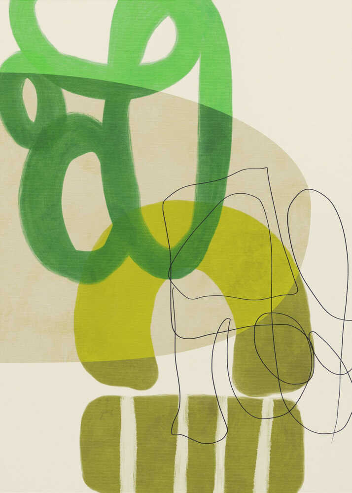 Minimalist abstract green shapes poster with a minimalist abstract composition of green organic loops yellow shapes and black lines