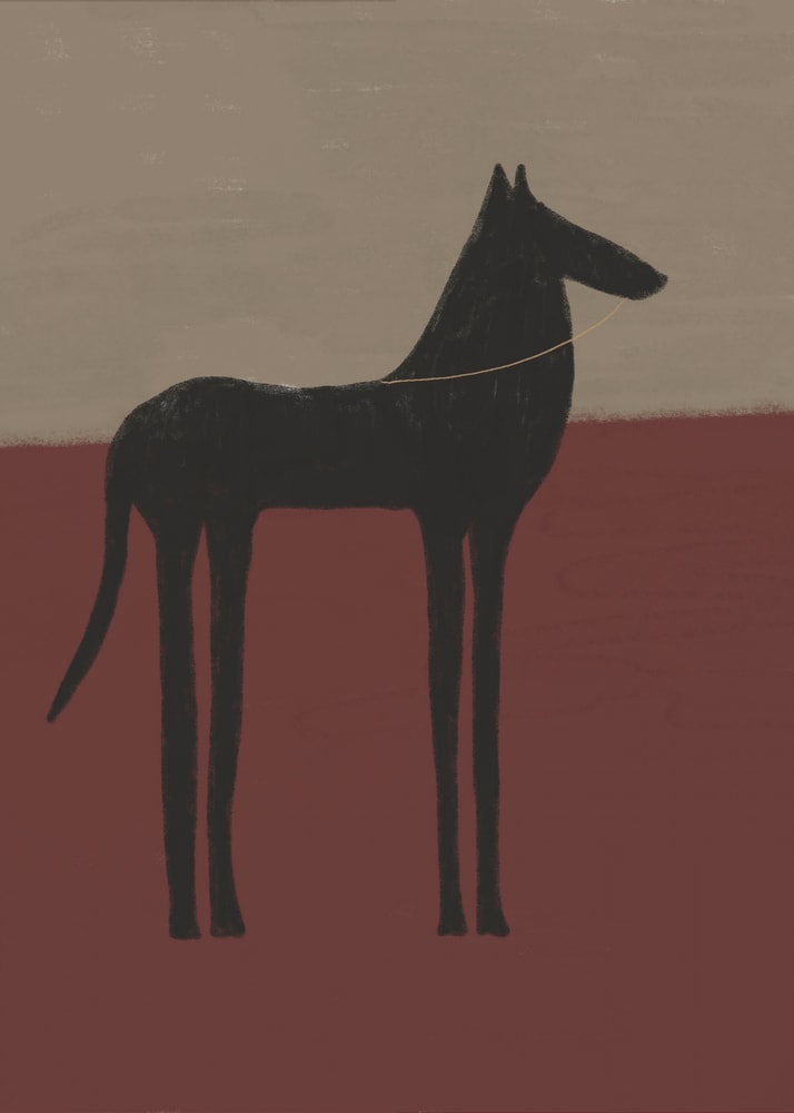 Minimalist black horse silhouette poster with a simple black silhouette of a horse on a split beige and terracotta background