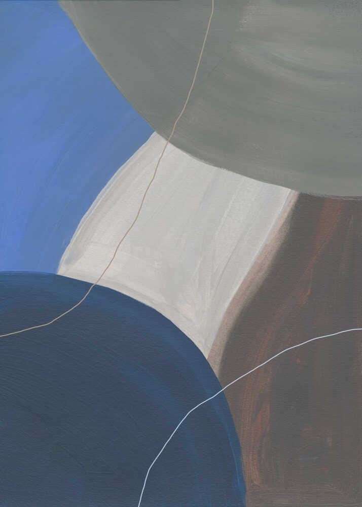 Minimalist curved abstract painting poster with a minimalist abstract painting of large curved shapes in blue gray and brown