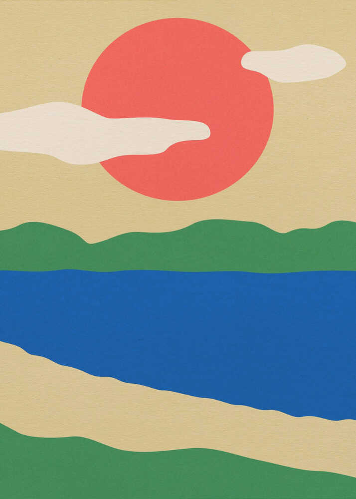 Minimalist landscape red sun poster with a minimalist graphic landscape of a large red sun green hills and blue water