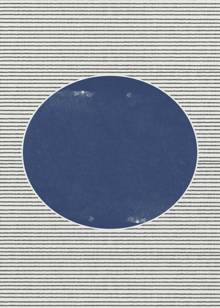 Minimalist navy circle stripes poster with a minimalist geometric of a solid navy blue circle on horizontal gray stripes