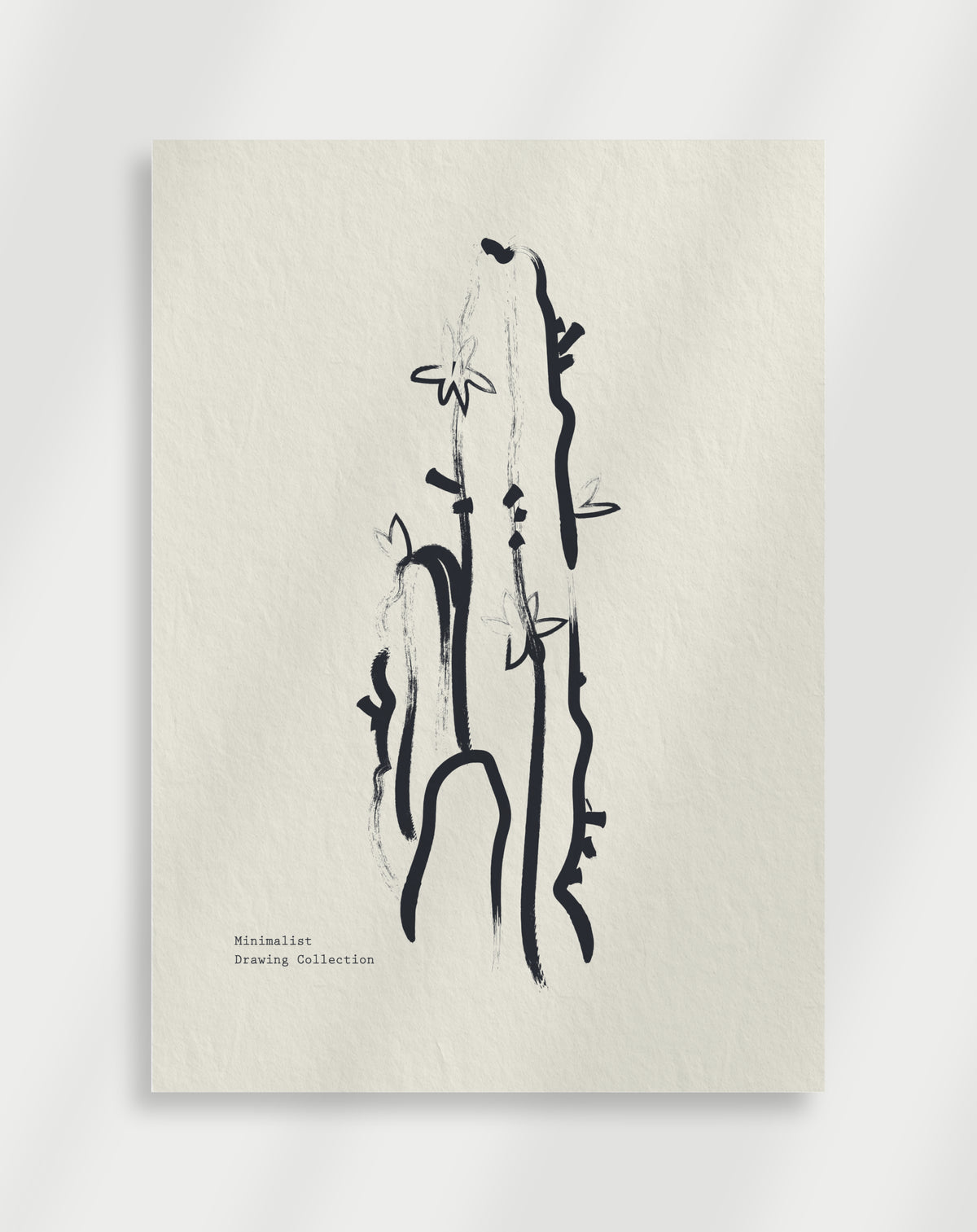 Minimalist plants drawing poster with a black brushstroke drawing of abstract plant stems and flowers labeled Minimalist Drawing Collection