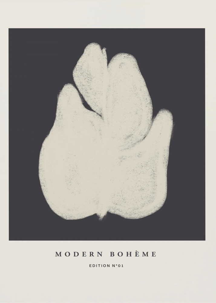 Modern Boheme abstract shape poster with a minimalist graphic of an abstract cream organic shape on a dark background labeled Modern Boheme