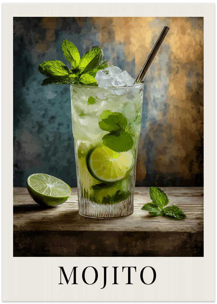 Mojito cocktail poster with a painterly illustration of a Mojito in a glass with mint, lime and a straw