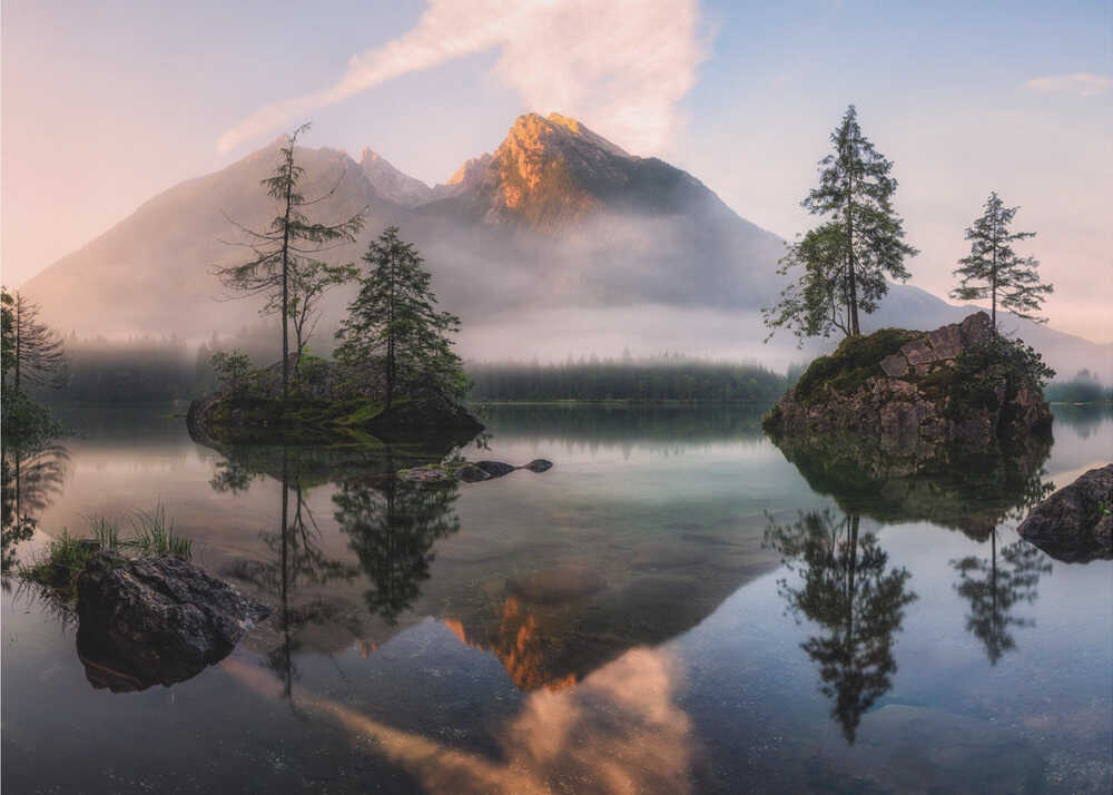 Mountain lake mist poster with a mountain lake at sunrise with mist, pine trees and reflections