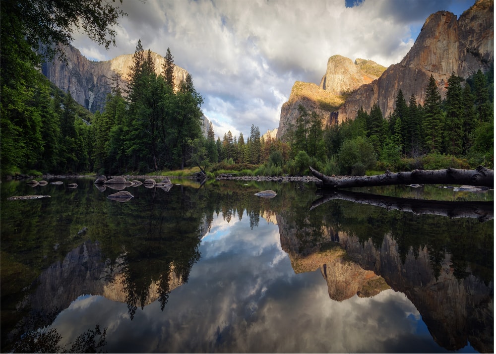 Mountain lake reflection poster with granite cliffs and pine trees reflected in a mountain lake
